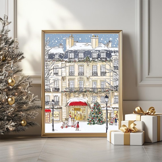 Parisian Building Christmas Snow Illustration Holiday Wall Art