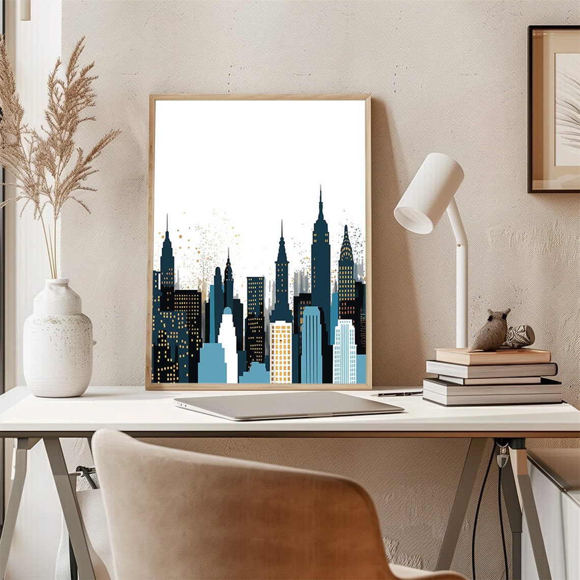 Minimalist New York City Skyline Navy Blue And Gold Art Poster