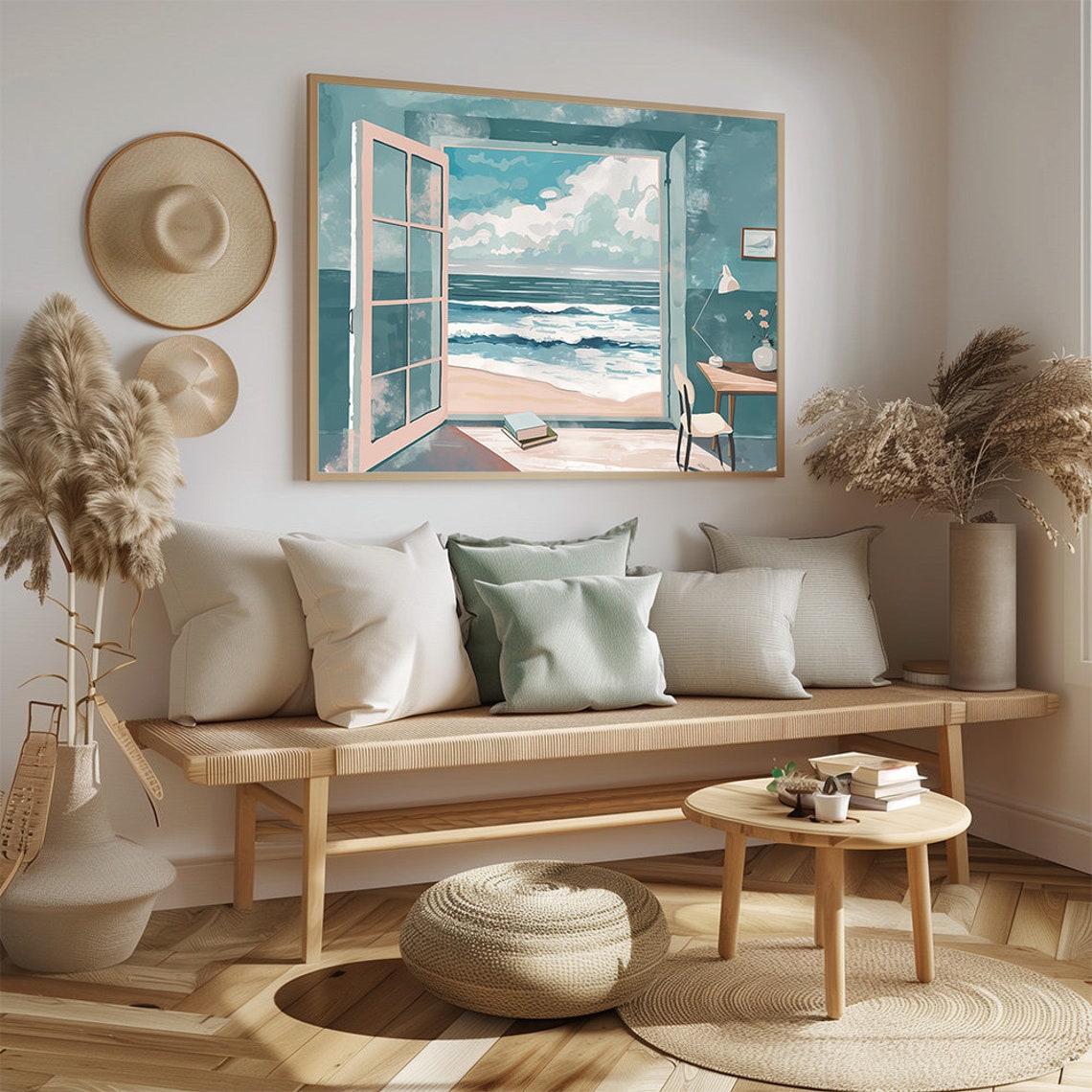 Ocean View Through Open Doors Coastal Teal Room Decor Poster - Image 2