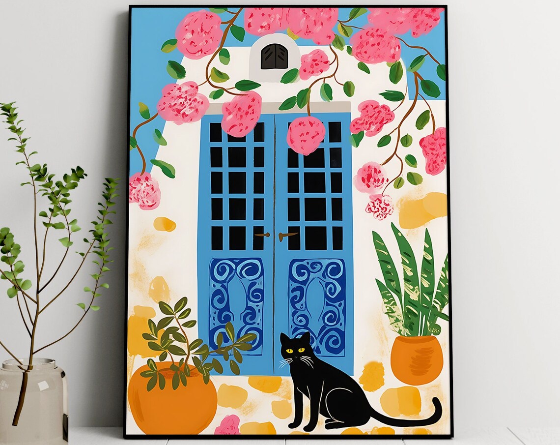 Cat in Greece Illustration Travel Poster Print