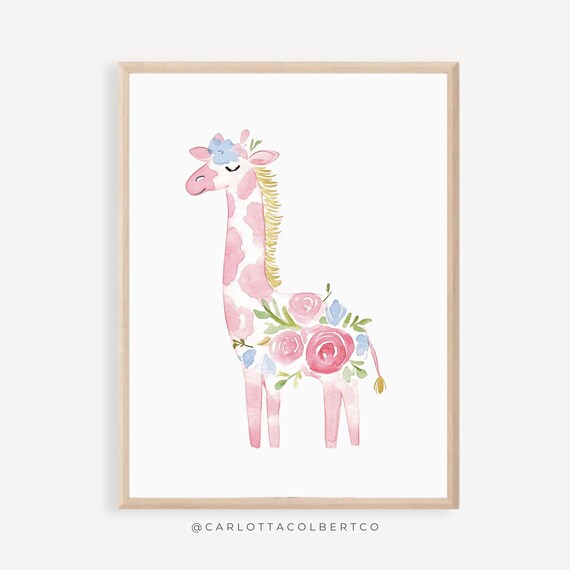 Pink Floral Giraffe Watercolor Girls Nursery Animal Decor Poster