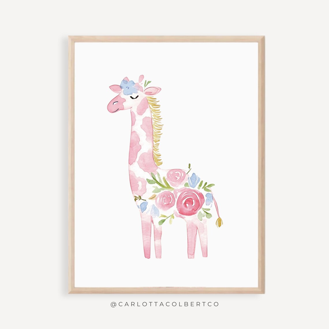 Pink Floral Giraffe Watercolor Girls Nursery Animal Decor Poster