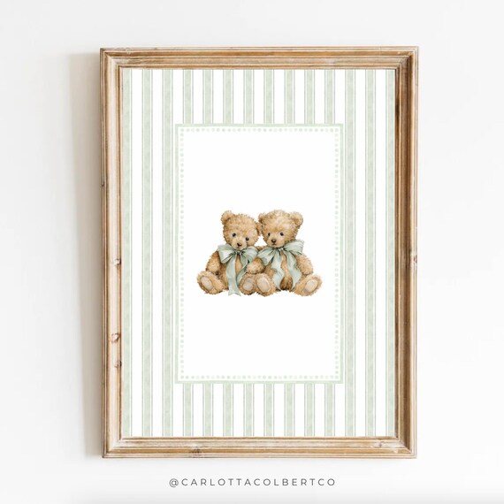 Bear Nursery Art Sage Green Twin Teddy Poster Brother Baby Boy Vintage