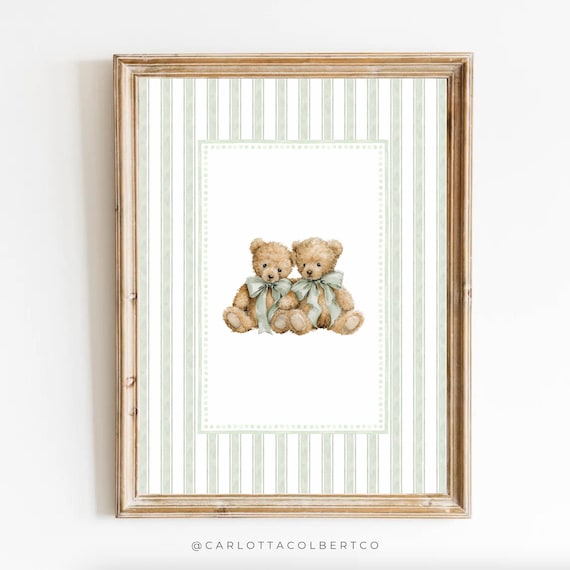 Twin Teddy Bears Sage Green Bows Striped Baby Nursery Poster