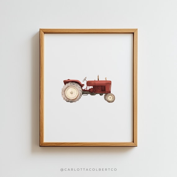 Red Vintage Tractor Watercolor Art Print Farm Nursery Boys Room Decor