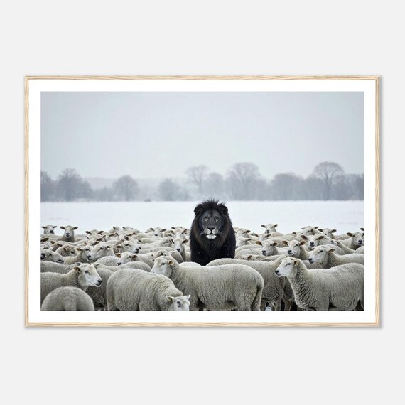 Black Lion Among Sheep Symbolic Art Print