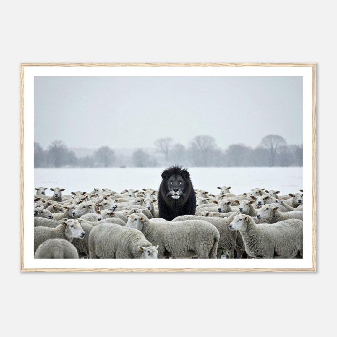 Black Lion Among Sheep Symbolic Art Print