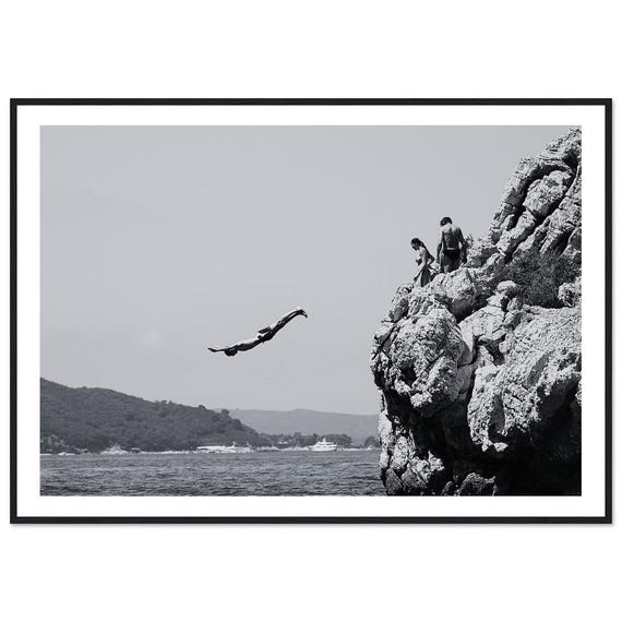 Fine Art Black And White Photography Framed Print Of Divers Jumping From Cliff Adventure Wall Decor Extreme Sports
