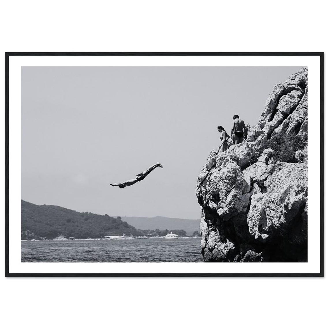 Black And White Cliff Diving Adventure Ocean Coast Photo Poster