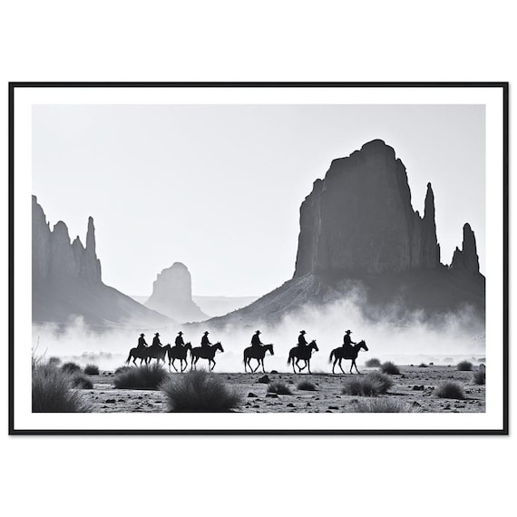 Cowboys In Monument Valley Black And White Art Print