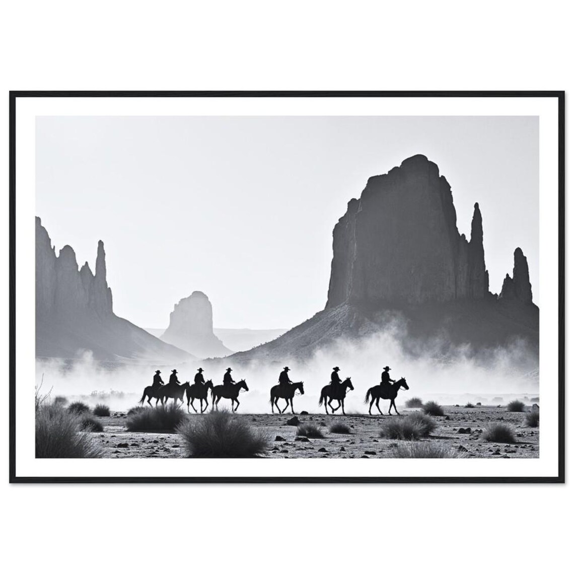 Cowboys In Monument Valley Black And White Art Print