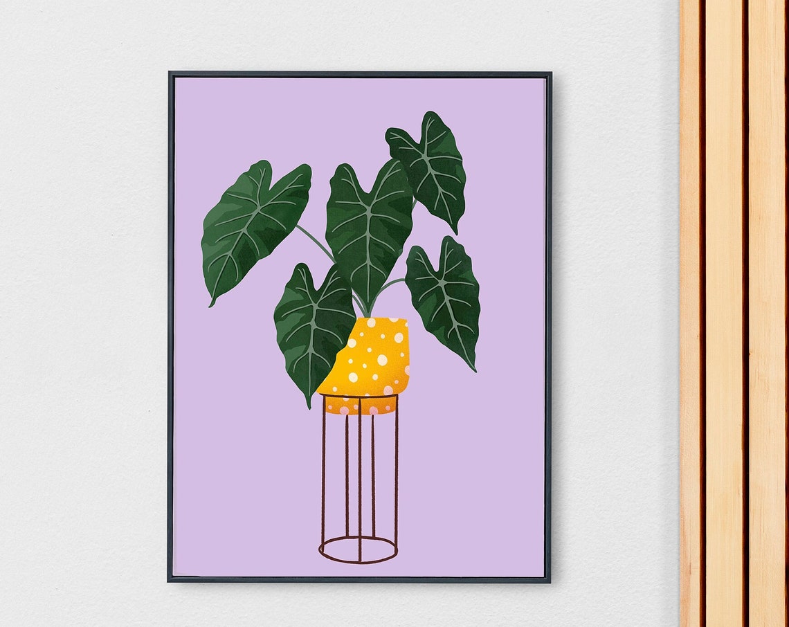 Heartleaf Philodendron Print Yellow Dotted Pot Lavender Background