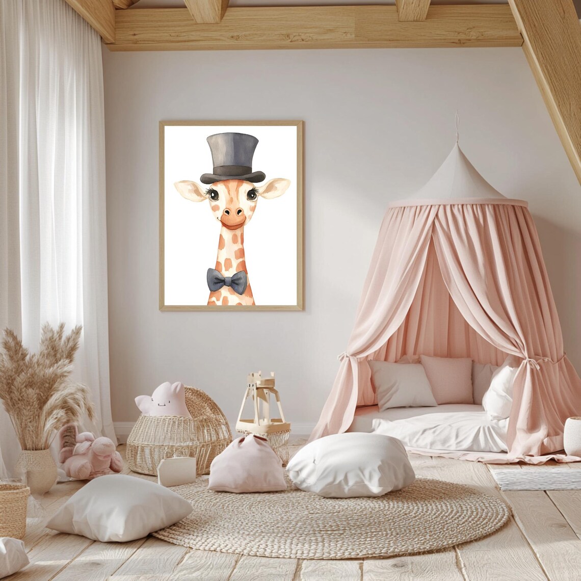 Baby Giraffe Wearing Top Hat and Bow Tie Watercolor Art Poster - Image 5