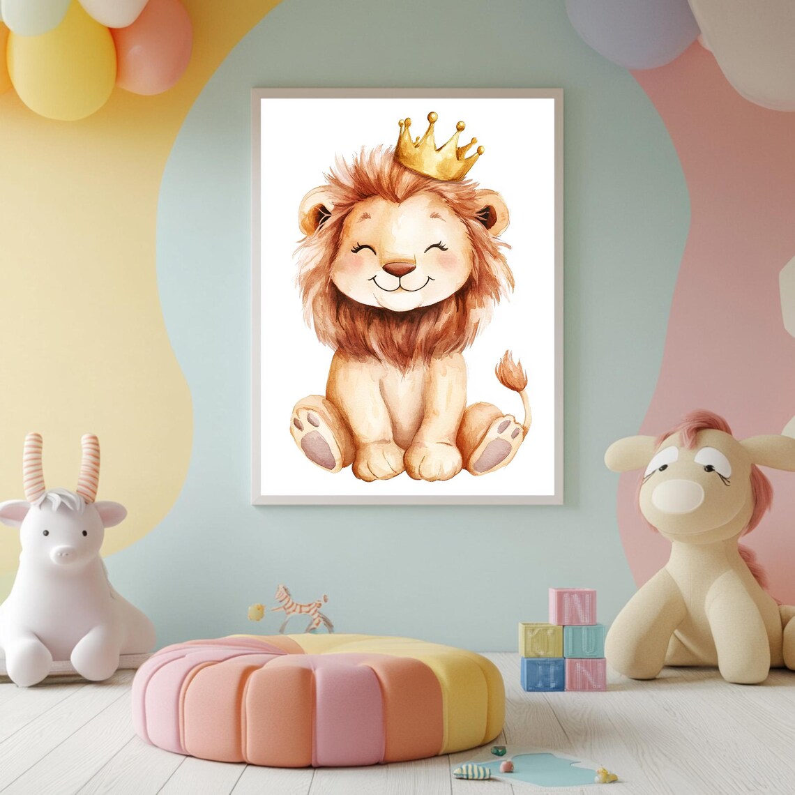 Smiling Baby Lion Wearing a Golden Crown Watercolor Nursery Poster - Image 2
