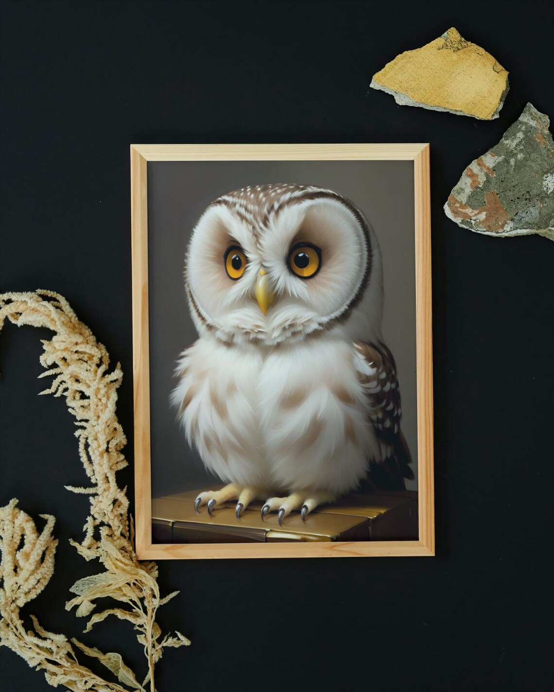 Cute Baby Owl White Feathers Big Amber Eyes Perched Portrait Poster