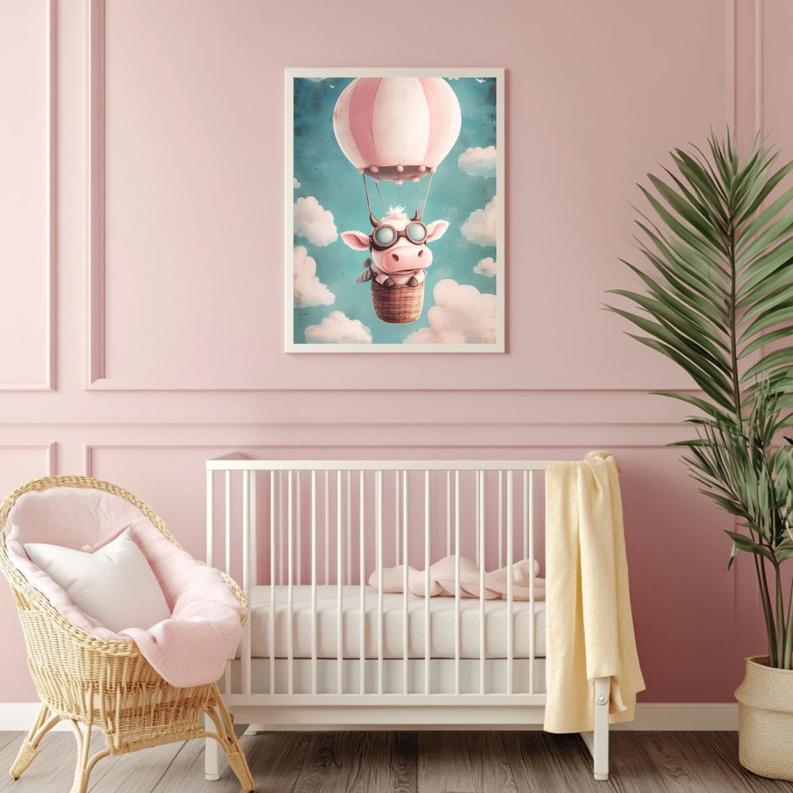 Cute Flying Cow Aviator Goggles Pink Hot Air Balloon Cloudy Sky Poster - Image 4