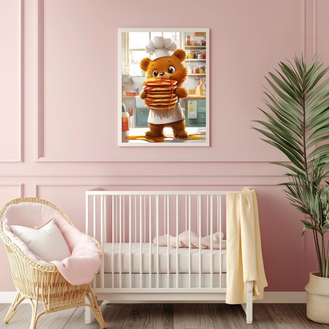 Cute Bear Chef Holding Tall Stack Pancakes Dripping Syrup Kitchen Poster - Image 4