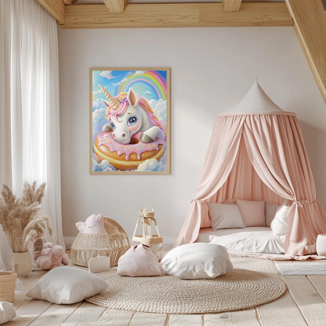 Cute Unicorn Biting Pink Sprinkle Donut Rainbow Clouds Fantasy Poster - Image 5