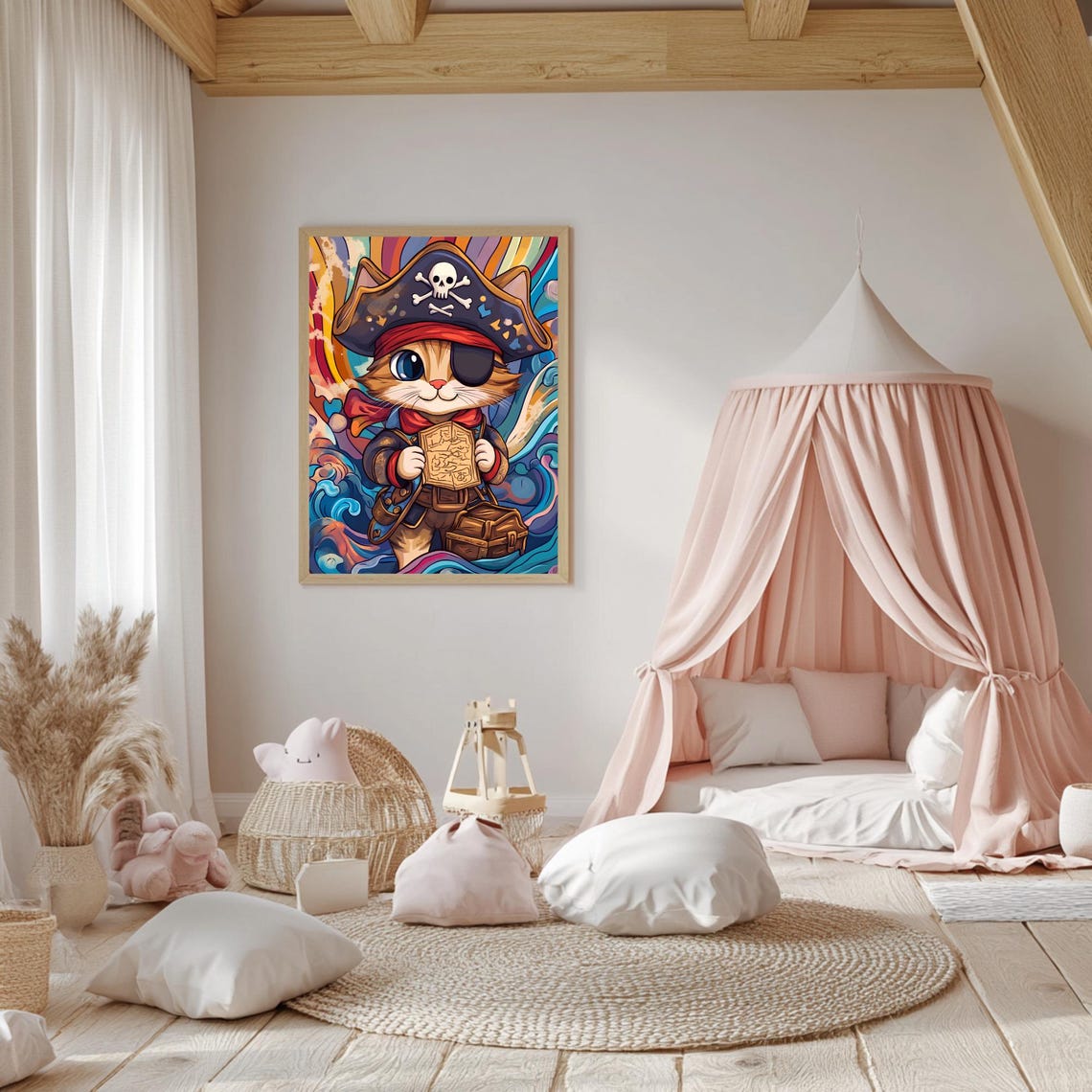 Cute Pirate Kitten Tricorn Hat Eye Patch Treasure Map Ocean Poster - Image 5