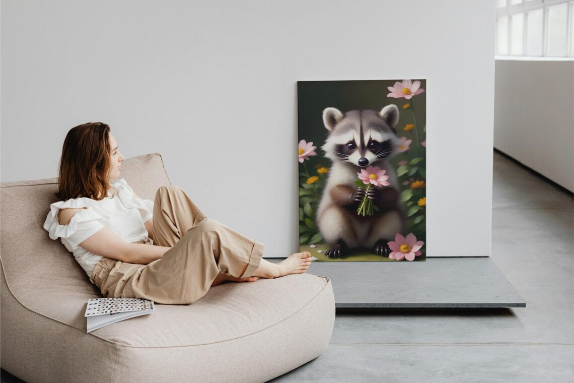 Cute Baby Raccoon Holding Pink Daisy Bouquet Flower Garden Portrait Poster - Image 3