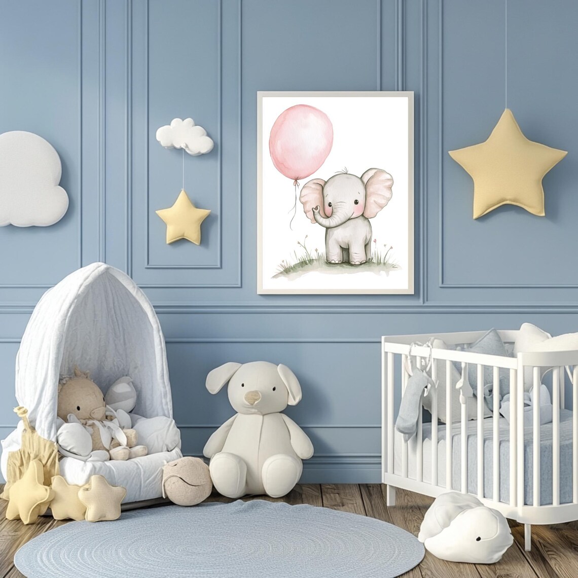 Baby Elephant Holding Pink Balloon Watercolor Nursery Poster - Image 3
