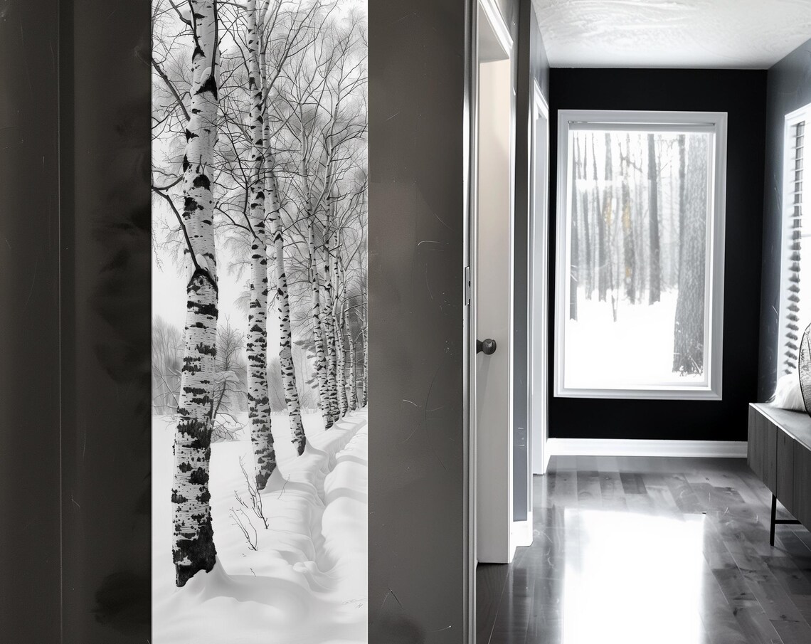 Winter Birch Forest Snow Black and White Tall Nature Wall Art Poster