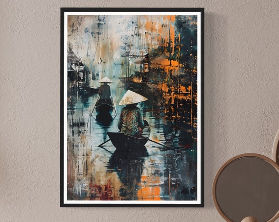 Dark Inky Style Vietnamese River Life Art Print Traditional Boats Vivid Colour Wall Art Home Decor Vietnam Inspired Artwork Souvenir