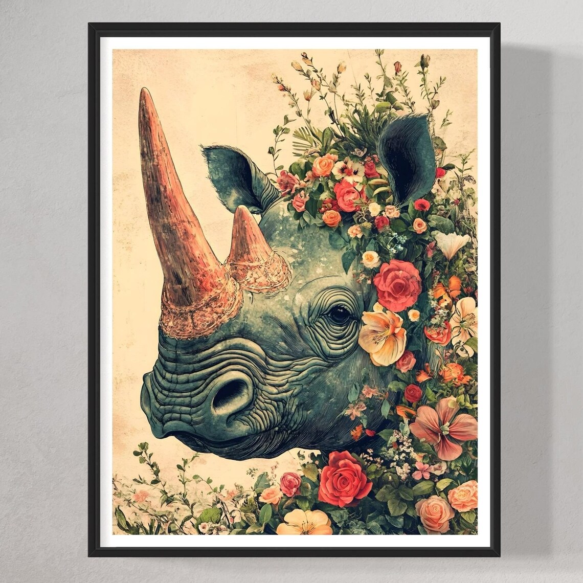 Rhino Floral Botanical Art Print, Safari Wildlife