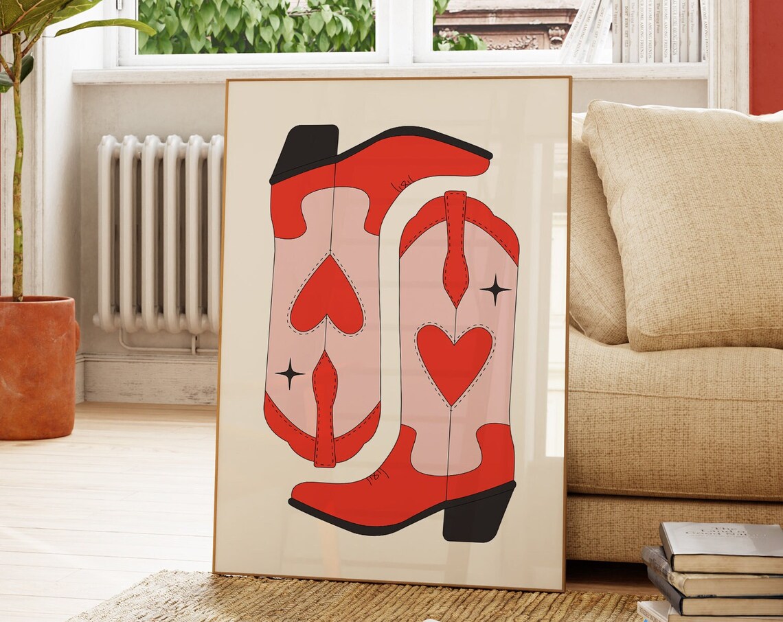 Red Heart Cowboy Boots Pink Valentines Western Cowgirl Poster - Image 2