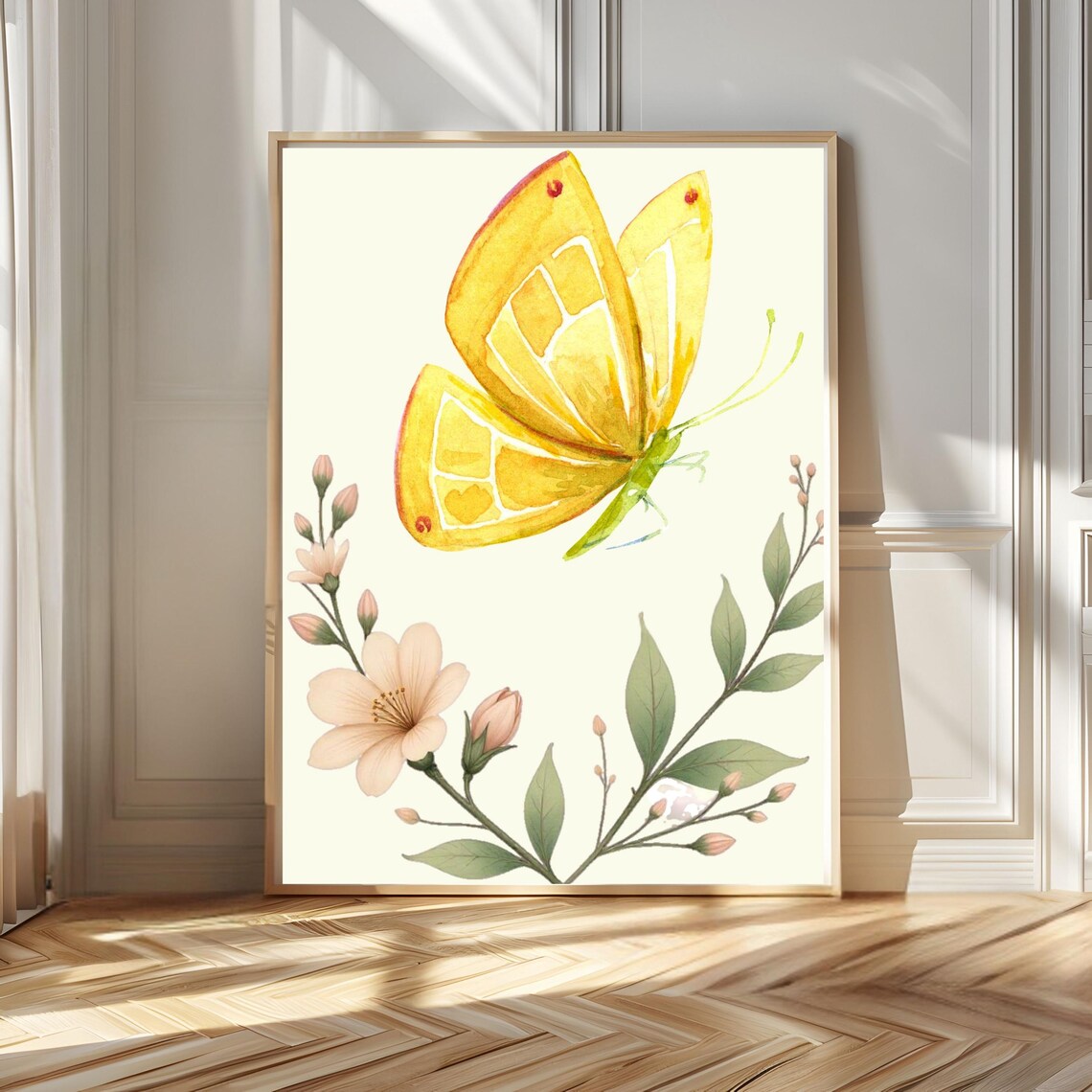 Pretty Yellow Butterfly Watercolor Floral Nursery Kids Poster - Image 2