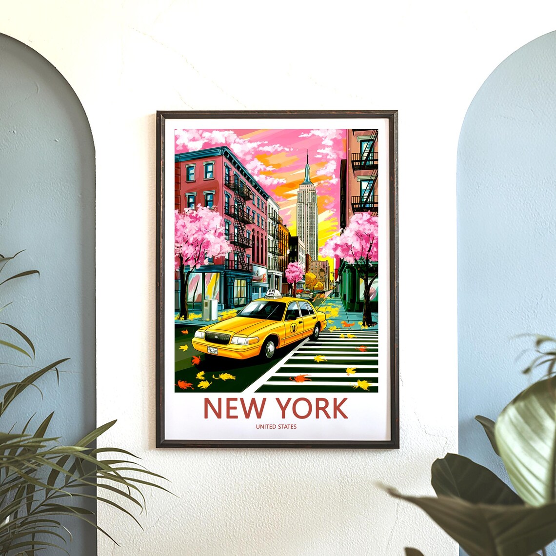 New York Yellow Taxi Cab at a Pink Sunset with Blossoms Poster - Image 3