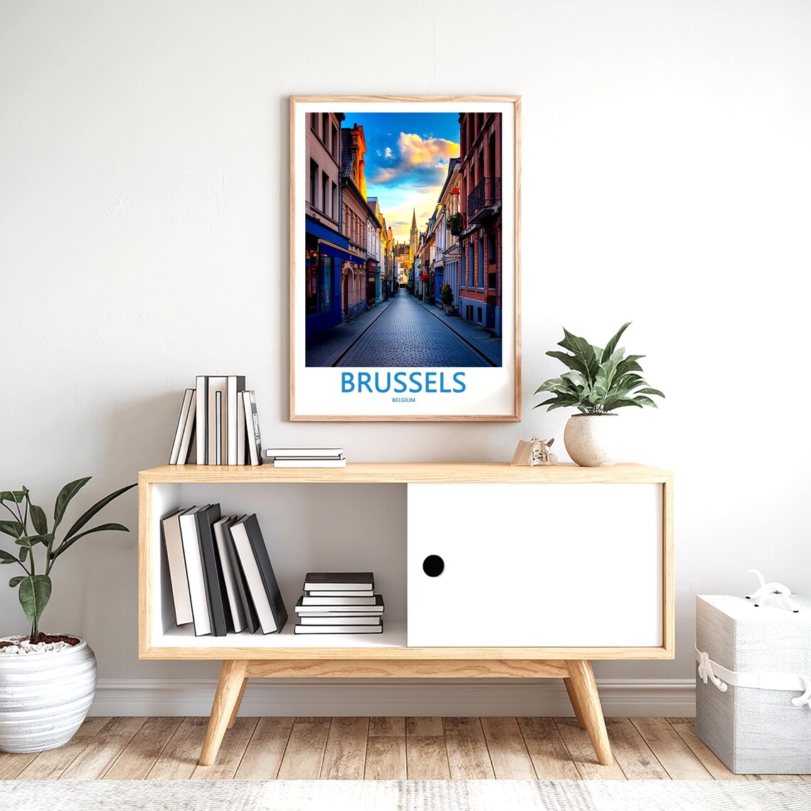 Brussels Cobblestone Street Sunset Photo Golden Light Poster - Image 2