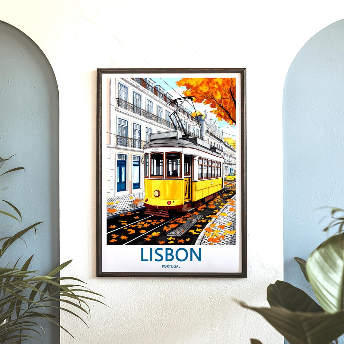Lisbon Yellow Tram Illustrated in Autumn by a White Building Poster - Image 3