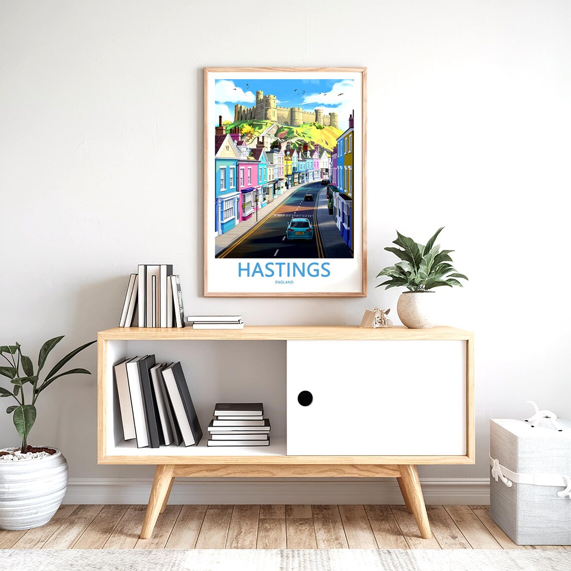 Hastings England Pastel Houses Street and Castle Hill Poster - Image 2