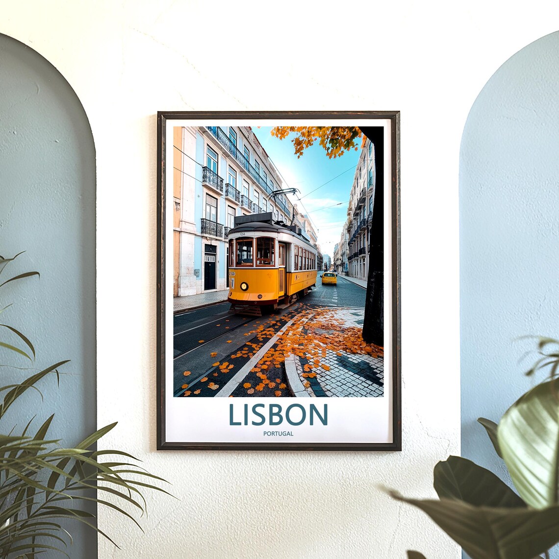 Lisbon Yellow Tram on an Autumn Street Strewn With Leaves Poster - Image 3