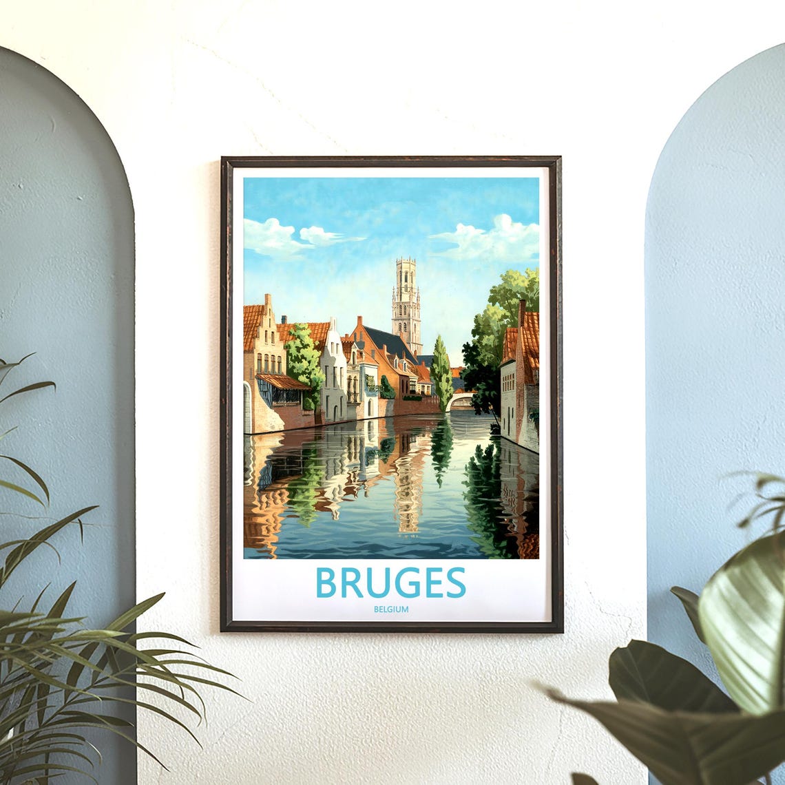Bruges Belgium Canal With Centered Tower and Calm Water Poster - Image 3
