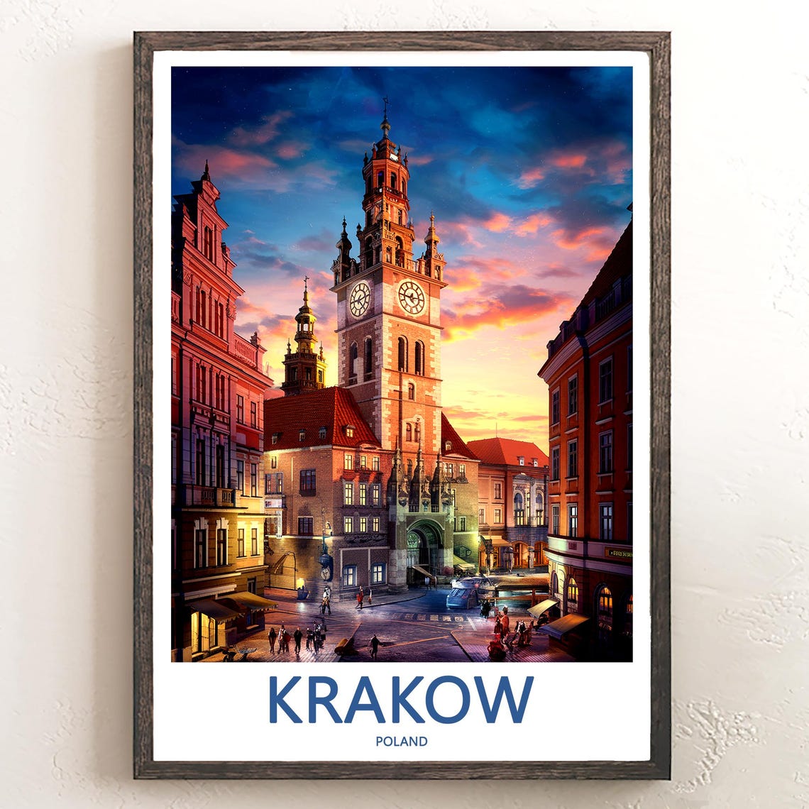 Krakow Town Hall Clock Tower Square at Sunset Scenic Wall Poster