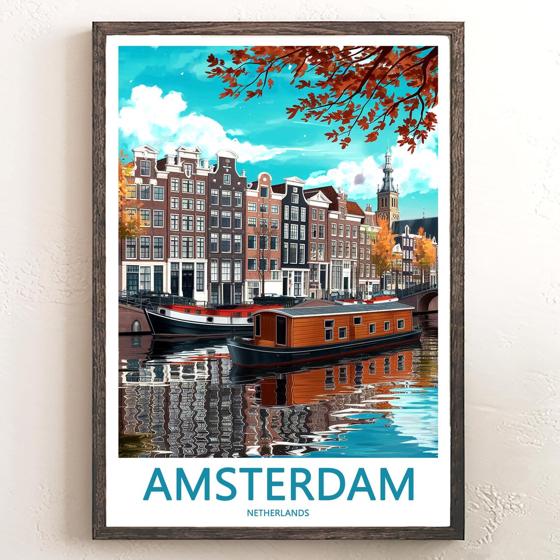Amsterdam Illustrated Canal with Houseboats Autumn Art Poster