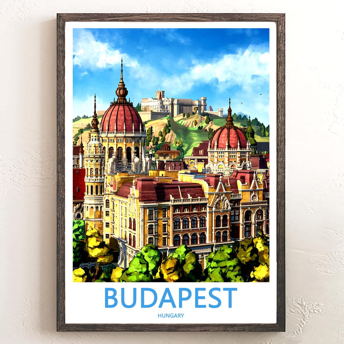Budapest Hungary Historic Domed Rooftops Painted Travel Poster
