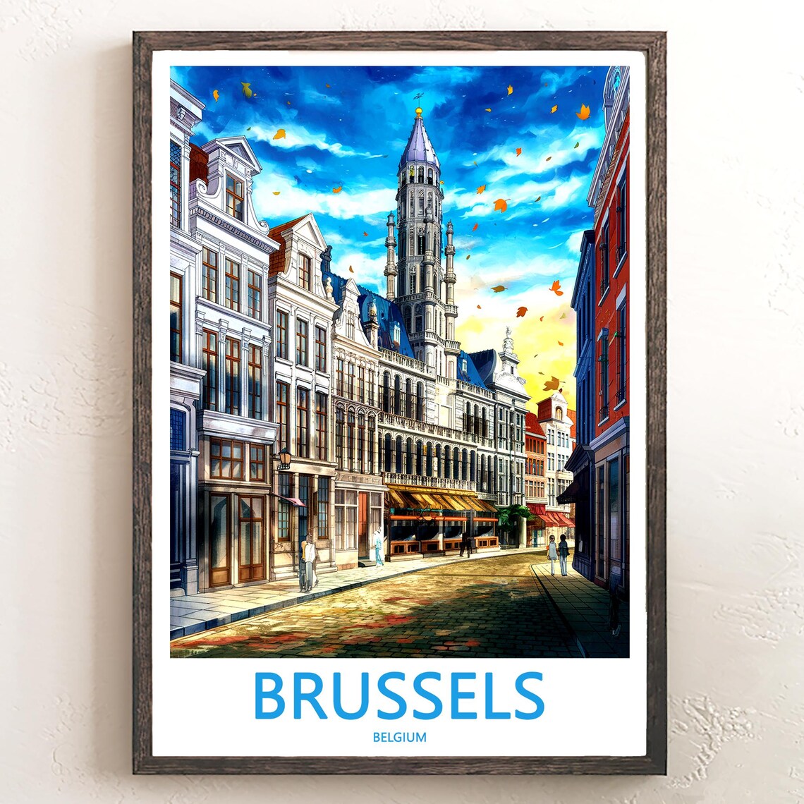 Brussels Grand Place Town Hall Autumn Leaves Watercolor Travel Poster