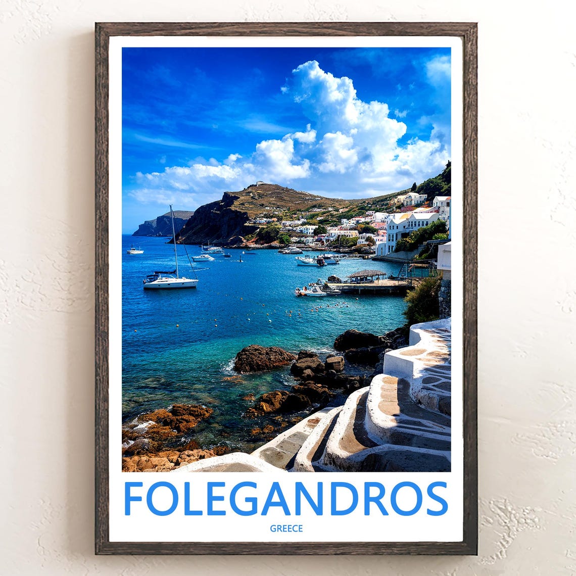 Folegandros Harbor Yachts and Whitewashed Steps Travel Poster