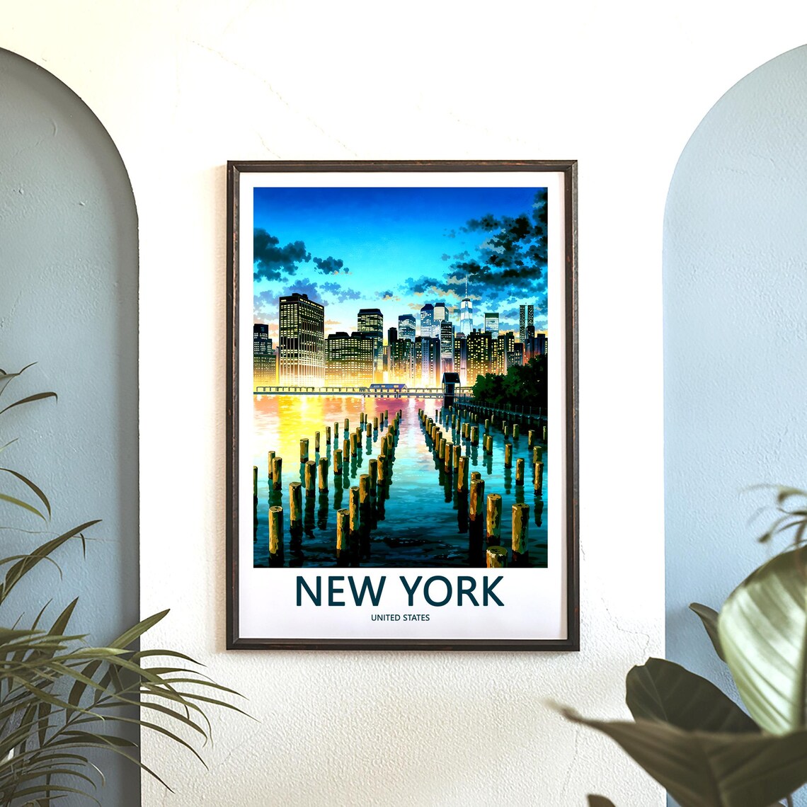 New York Manhattan Blue Hour Skyline Pier Lights Water Poster - Image 3