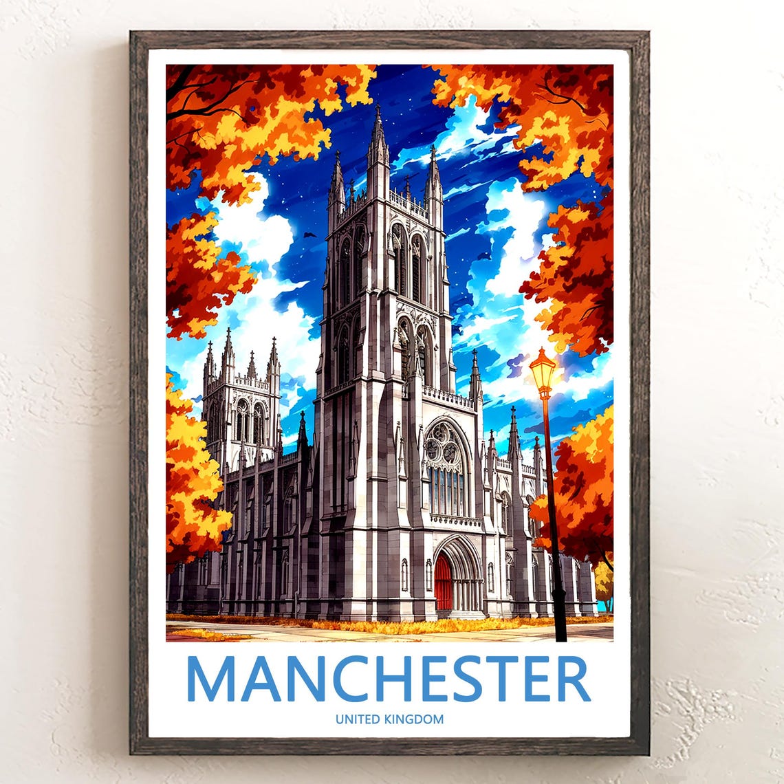 Manchester Cathedral Autumn Night Starry Sky Illustrated Travel Poster