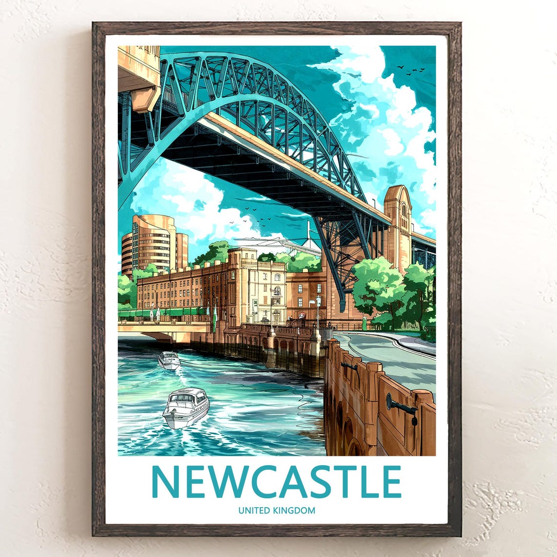 Newcastle Tyne Bridge Low Angle River Tyne Boats Travel Poster