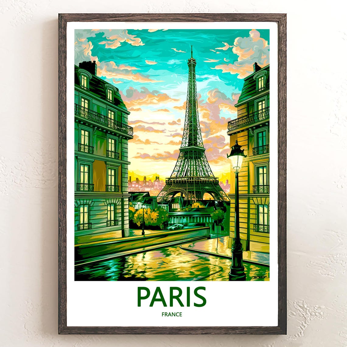 Eiffel Tower Teal Canal Reflection Golden Sunset Modern Poster