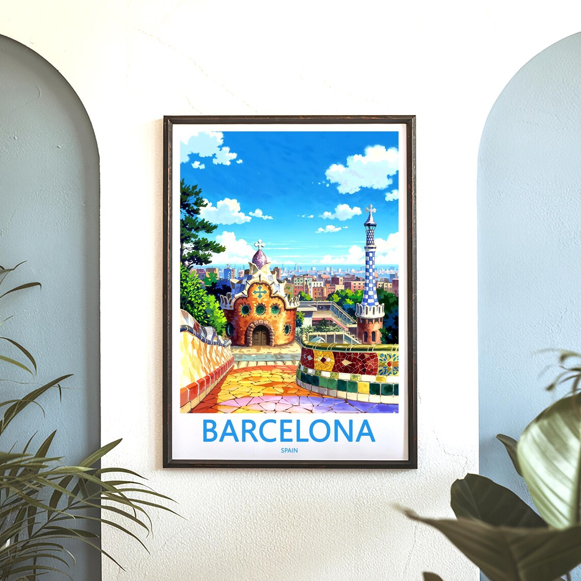 Barcelona Park Güell Mosaic Terrace Garden View Anime Poster - Image 3