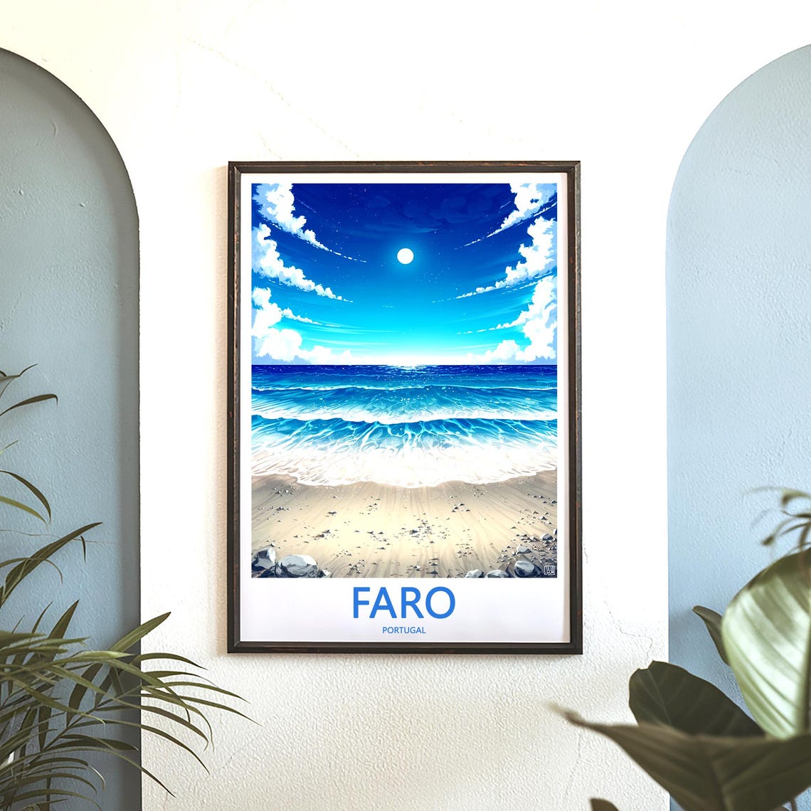 Faro Portugal Moonlit Night Beach with Rolling Waves Anime Poster - Image 3