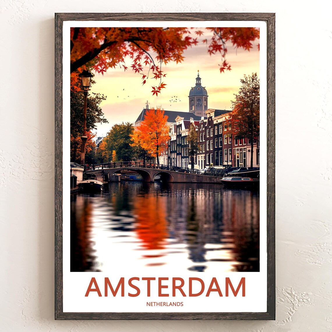 Amsterdam Autumn Canal Bridge Red Leaves Photo Travel Poster