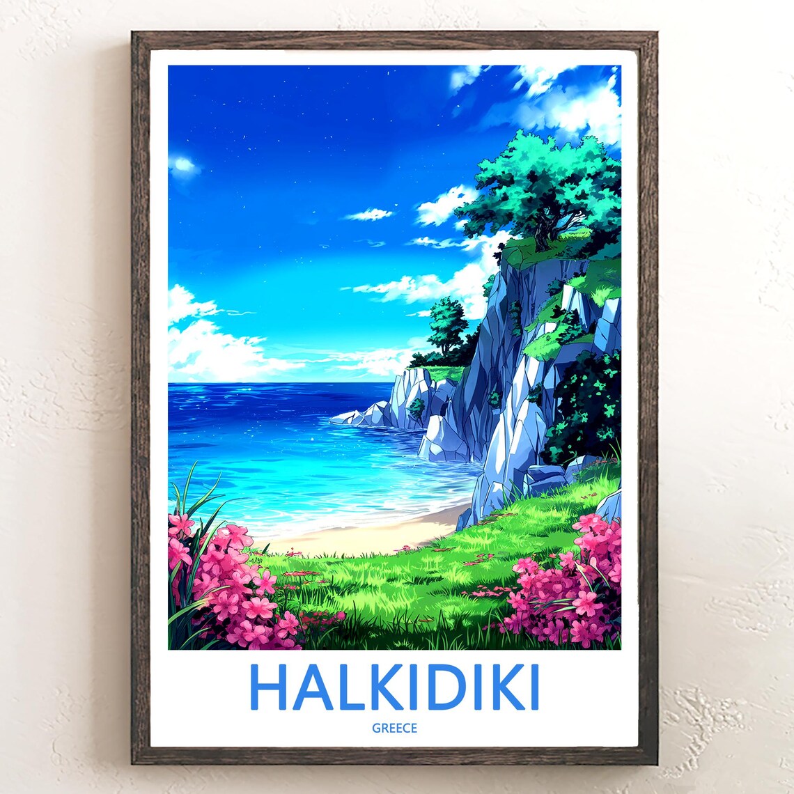 Halkidiki Greece Anime Style Rocky Cliff Beach Pink Flowers Poster