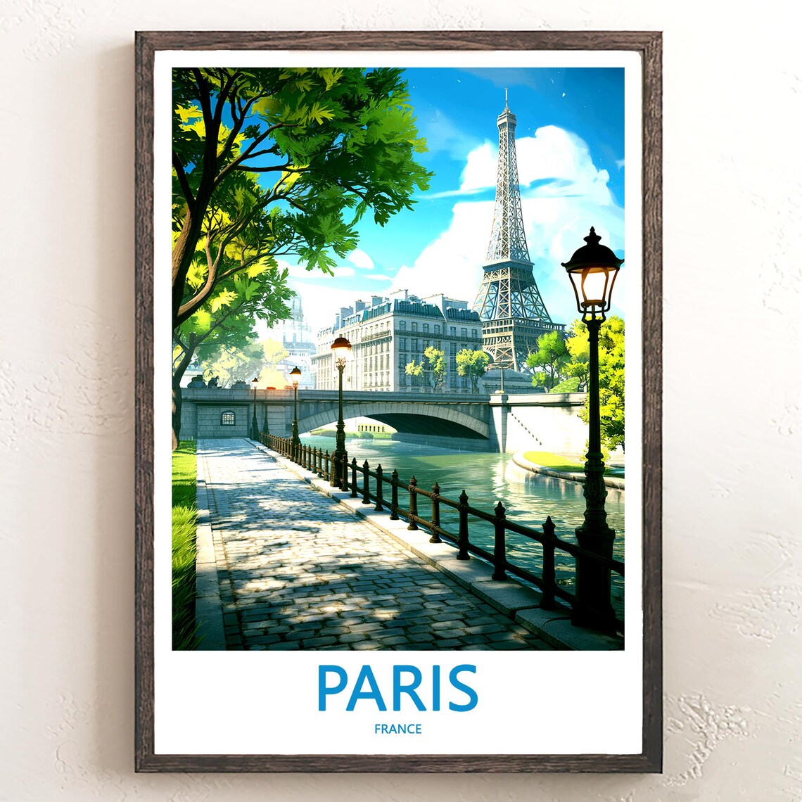 Eiffel Tower Beyond Leafy Seine Quay and Lamp Posts Daytime Poster